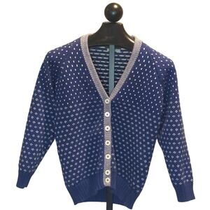 Vintage 100% Cotton Cricket Brand Cardigan Sweater Women Size Small Blue White